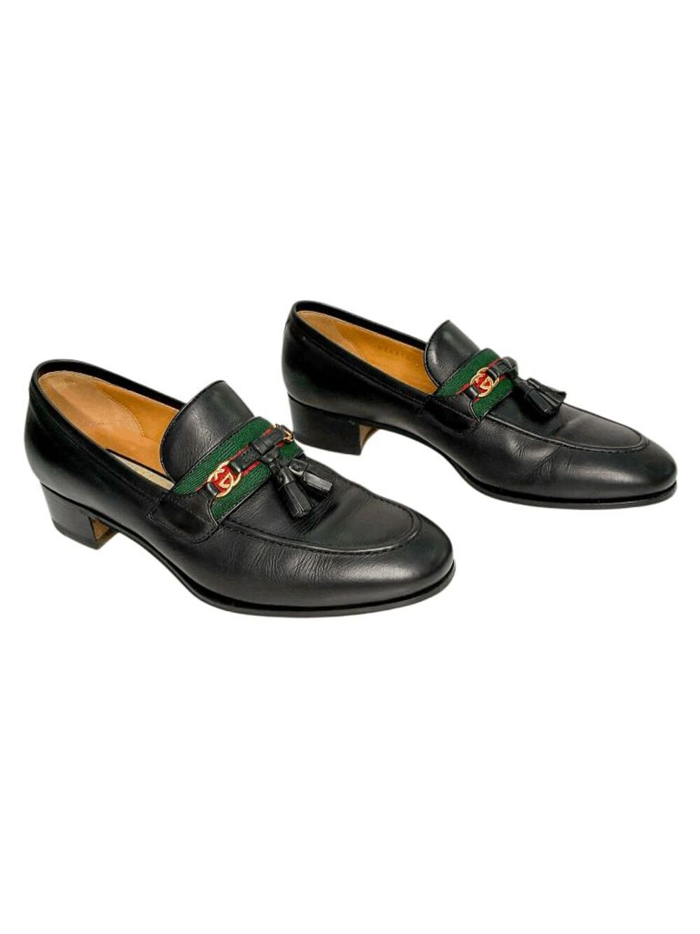Gucci Paride Interlocking G Web Stripe Tassel Heel Loafers EU 38 Black Slip Ons